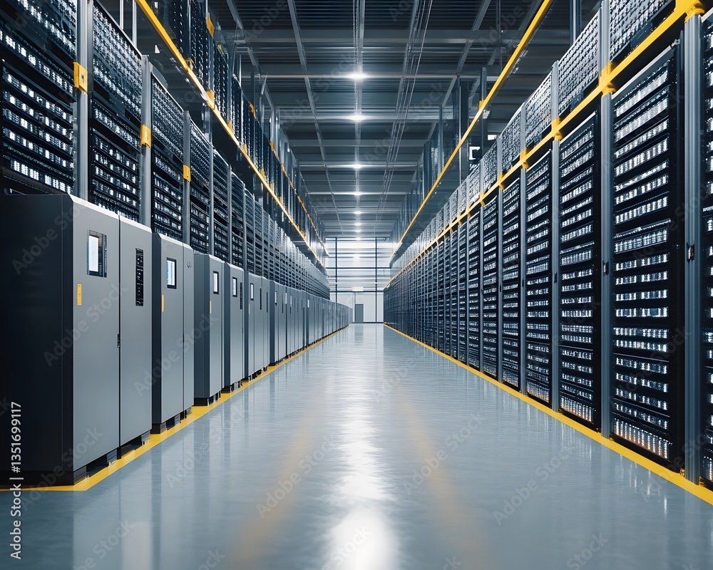 Poster a modern data center with rows of servers. bright lighting enhances the organized layout, showcasing