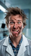 Fototapeta premium Crazy foolish biochemist with funny expressions, dirty face and messy hr after fled laboratory experiment. lunatic scientist looking dumb and amusing after toxic chemical explosion. studio shot.