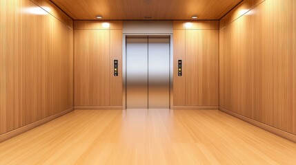 Fototapeta premium A modern elevator interior featuring sleek metal doors and warm wooden panels, creating a clean and inviting atmosphere.