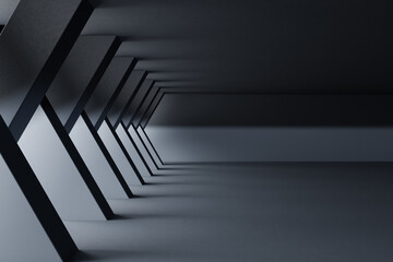Futuristic geometric dark hall interior with abstract diagonal shadows - 3D Illustration