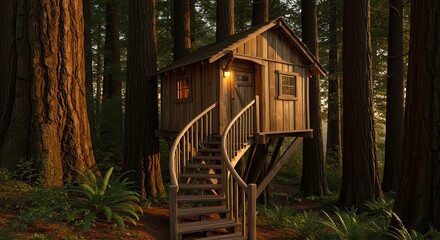 Fototapeta premium Wooden Treehouse in Forest with Staircase and Evening Light