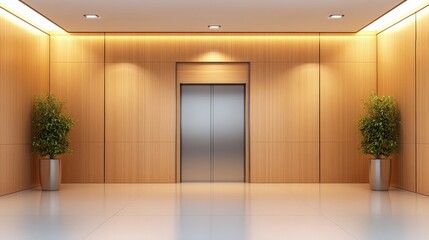 Fototapeta premium A modern elevator lobby featuring sleek wooden walls, polished floors, and decorative potted plants, creating a welcoming atmosphere.