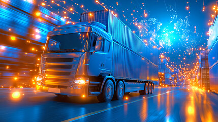 A large truck navigates through a neon-lit city scene at night. The atmosphere is enhanced by colorful lights and dynamic effects, giving a futuristic feel to the urban environment