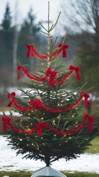 Christmas tree illuminated with garland and decorated with red bow outdoors