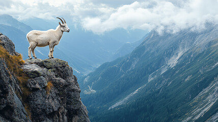 A mountain goat standing boldly on a rocky ledge, gazing over a wide valley and rugged landscape