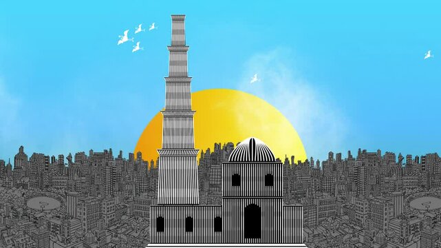 qutub minar delhi india qutub minar behind city world delhi , unesco world heritage site, warli art seawater ,onsen graphic art illustration ,agra fort