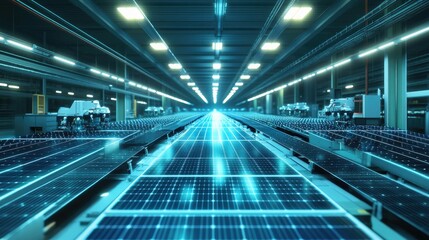 Automated solar panel assembly line, glowing blue.
