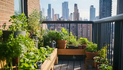 A vibrant balcony garden filled with lush plants and herbs overlooking a city skyline. Perfect for showcasing urban gardening and sustainable living in a modern environment.