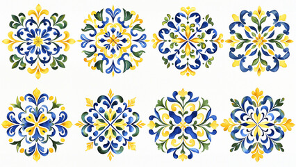 Portuguese style watercolor tile pattern collection floral motifs, Mediterranean mosaic tile decorative elements, European ethnic symmetrical floral patterns white background isolated design.