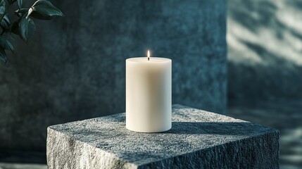 Minimalist branding setup white candle displayed on a smooth stone surface natural shadows creating depth and sophistication perfect for modern decor themes. 