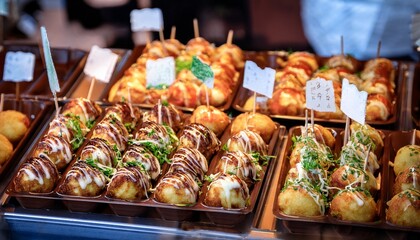 takoyaki in streed food market at local travel festival in tokyo japan
