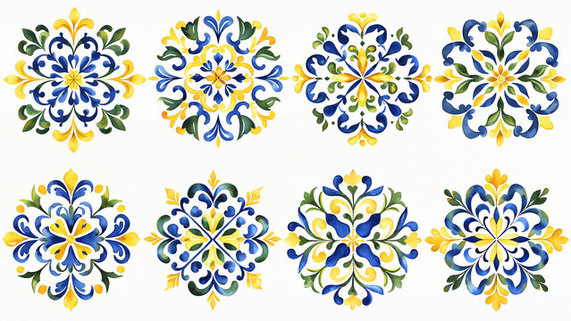 Portuguese style watercolor tile pattern collection floral motifs, Mediterranean mosaic tile decorative elements, European ethnic symmetrical floral patterns white background isolated design.