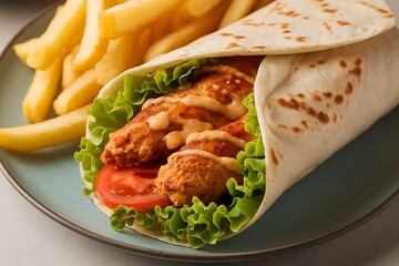A Delicious Crispy Chicken Wrap Served with Golden French Fries