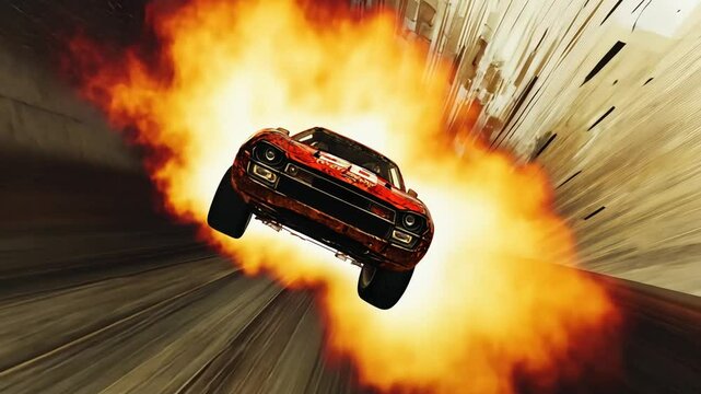 High-Octane Racing Action: Classic Car Soaring Through Explosions in a Thrilling Spectacle