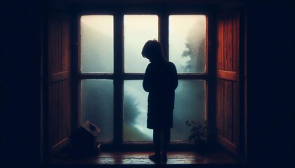 Fototapeta premium Lonely child silhouette in the window, concept of loneliness, sadness, nostalgia