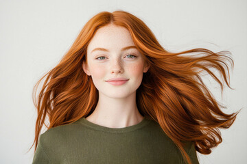 Fototapeta premium A young woman with flowing red hair smiles confidently against a light background.
