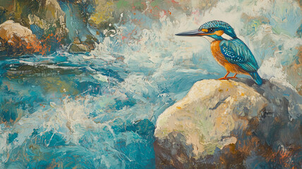 A Vibrant Kingfisher Resting on a Rock by a Sparkling River, Eyes Locked on the Water