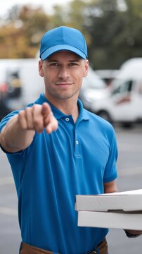 Pizza delivery man pointing at camera with boxes