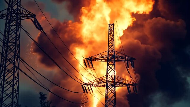 Dramatic Fire Engulfs Electrical Power Lines and Towers Creating a Spectacular Display