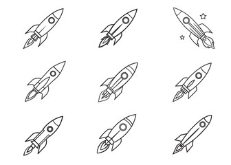 Rocket vector illustration outline Set