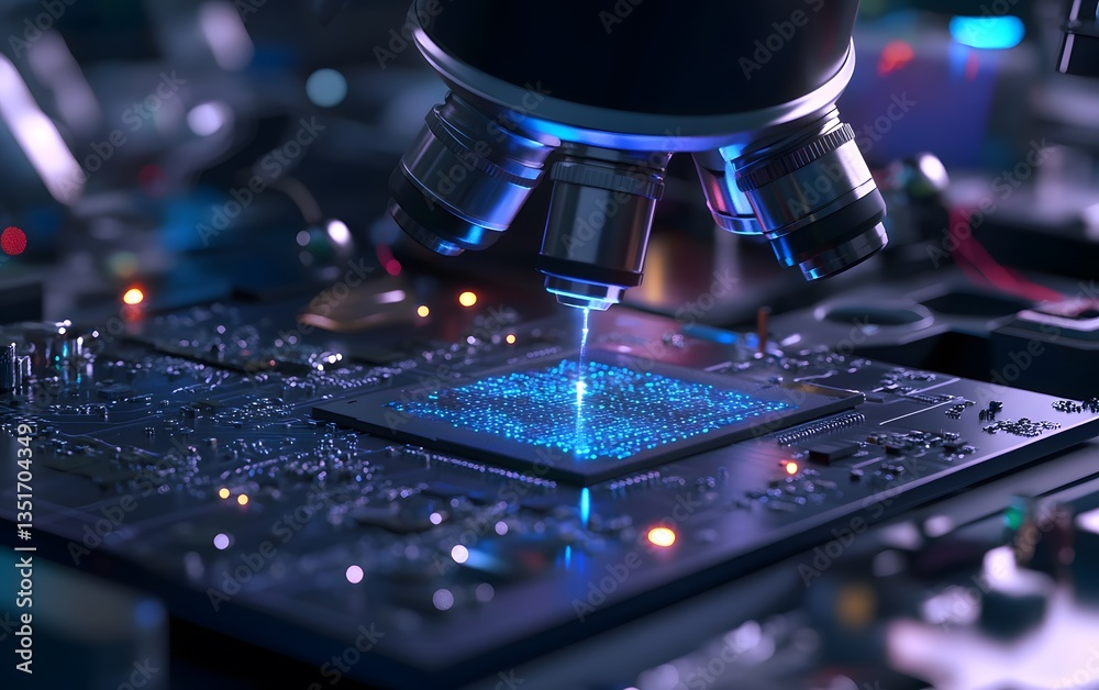 Poster close-up view of a microscope examining a computer chip, showcasing intricate details of technology 