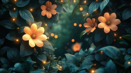 Close Up of Orange Flowers Surrounded by Dark Green Leaves with Bokeh Lights