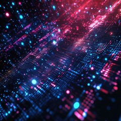 Obraz premium Abstract Blue and Red Neon Grid Background with Bokeh Lights and Tech Vibe Pattern