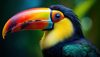 Fototapeta premium portrait of a colorful tropical toucan close up of colorful toucan bird rainbow colors colored bird with big beak exotic bird bird of paradise rainforest animal generative ai