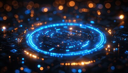 Futuristic digital circuit design with glowing blue and orange lights