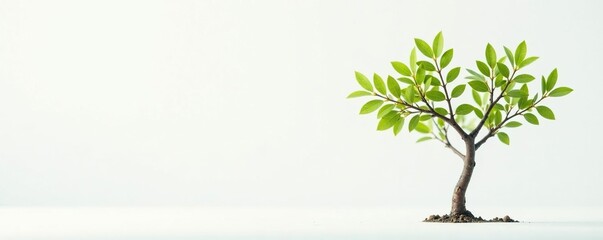 A small tree on a white canvas with delicate green leaves, empty, trunk