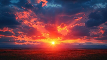 Fototapeta premium A vibrant red sunset illuminating the cloudy sky over the landscape