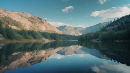 Reflective lake, mountains, trees. Serene nature scene, peaceful