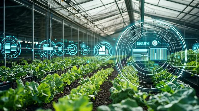 Advanced technology is applied in an indoor farming environment to optimize crop growth and track harvest data effectively