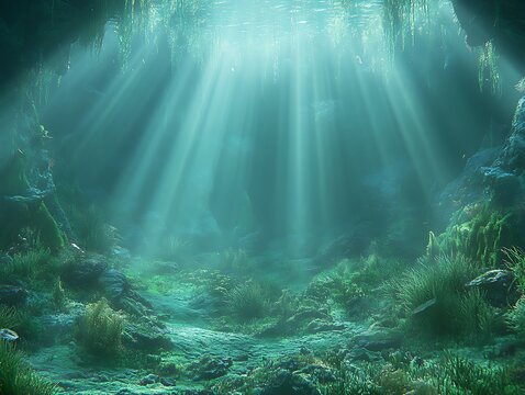 Sunlight beams illuminate an underwater environment with aquatic vegetation