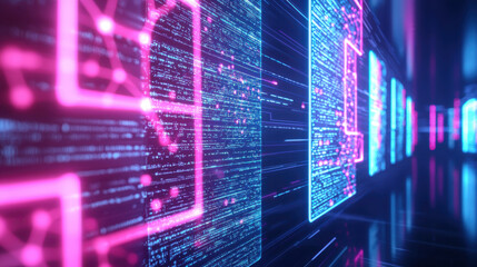 Obraz premium Futuristic digital patterns illustrating data flow in a tech-inspired environment.