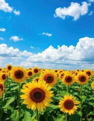 Fototapeta premium Vast sunflower field under a brilliant blue sky dotted with fluffy white clouds, environment, tranquility