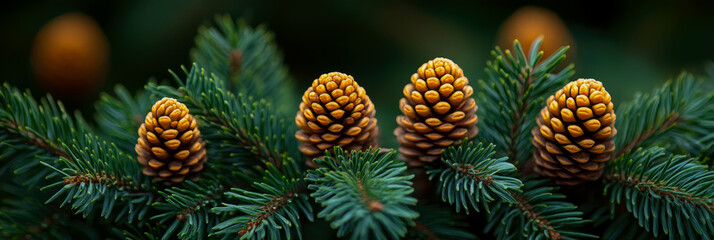 Fototapeta premium Autumn nature: Pine cone cluster amidst evergreen needles.