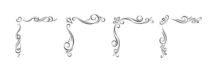 Set of 4 hand drawn calligraphic corner elements. Editable retro designs, frame constructor