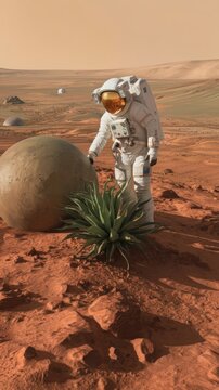 Astronaut discovering alien plant on Mars