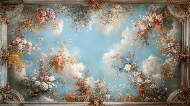 Floral ceiling mural, palace interior, sky backdrop, design element