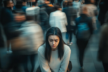A woman experiencing a panic attack in a busy city street, surrounded by a crowd yet feeling isolated and overwhelmed. Generated image