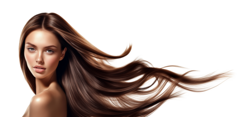 A beautiful woman with long brown flowing hair. Beauty and hair care concept. Isolated on a transparent or a white background, cut-out, PNG