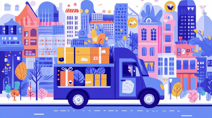 Express Delivery: quick and colorful journey through the cityscape, delivering smiles, perfect for cards, posters and happy occasions.