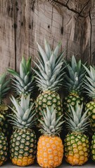 Fototapeta premium Group of ripe pineapples on rustic wooden background