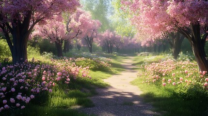 Naklejka premium Enchanted Pink Blossom Path: A Digital Spring Wonderland