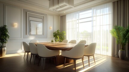 Fototapeta premium Modern dining room design featuring a wooden table, cream-upholstered chairs, white crown molding, and soft natural lighting filtering through large windows, wide framing 