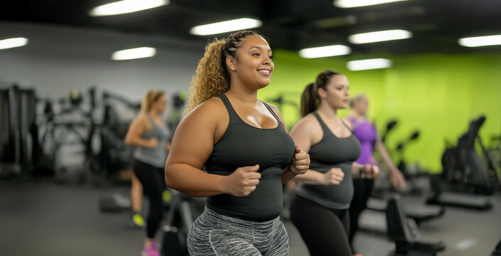 Plus size woman lifting dumbbells and training indoors at the gym, showcasing strength and determination. Generated image
