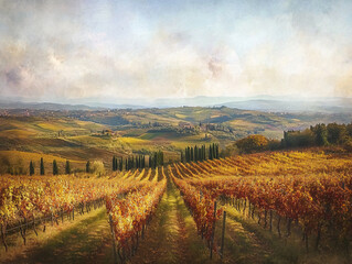 Naklejka premium Vineyard aerial view harvest landscape countryside rolling hill autumn tree rural farmland grape field winery estate golden valley painting sunlight nature agriculture scenic texture farming tradition