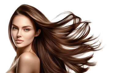 A beautiful woman with long brown flowing hair. Beauty and hair care concept. Isolated on a transparent or a white background, cut-out, PNG