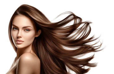 A beautiful woman with long brown flowing hair. Beauty and hair care concept. Isolated on a transparent or a white background, cut-out, PNG